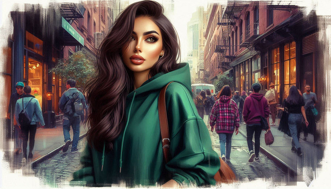 Une belle arménienne qui porte un sweetshirt, elle est dehors entrourée de plsuieurs jeunes qui marchent.